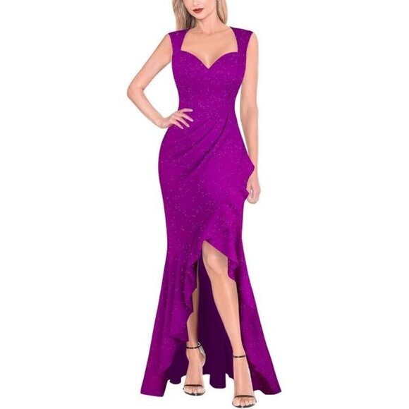 VFSHOW Sexy Ruffle V Neck  Formal Wedding Guest Prom Maxi Dress Purple Large - Picture 1 of 1